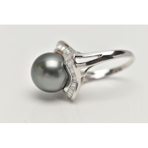 34 - A WHITE METAL THAITIAN PEARL AND DIAMOND DRESS RING, large silver grey pearl, measuring approximatel... 