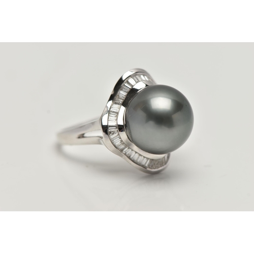 34 - A WHITE METAL THAITIAN PEARL AND DIAMOND DRESS RING, large silver grey pearl, measuring approximatel... 