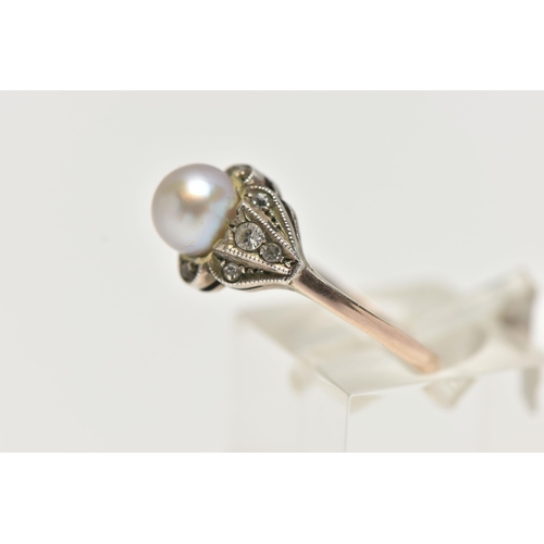 37 - A CULTURED BAROQUE PEARL RING, pearl measuring approximately 6.5mm, in a surround of colourless spin... 