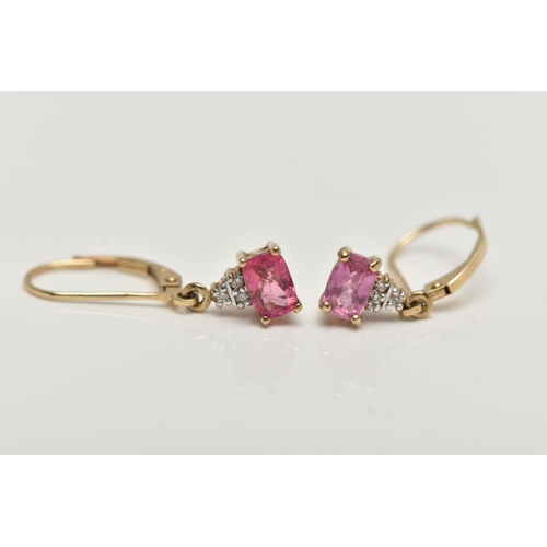 39 - A PAIR OF 9CT GOLD PINK TOURMALINE AND DIAMOND DROP EARRINGS, each drop earring set with a mixed cut... 