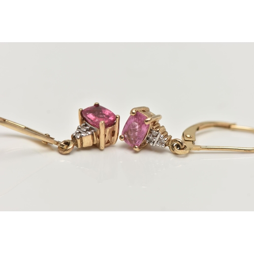 39 - A PAIR OF 9CT GOLD PINK TOURMALINE AND DIAMOND DROP EARRINGS, each drop earring set with a mixed cut... 