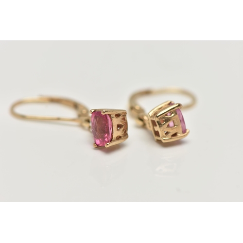 39 - A PAIR OF 9CT GOLD PINK TOURMALINE AND DIAMOND DROP EARRINGS, each drop earring set with a mixed cut... 