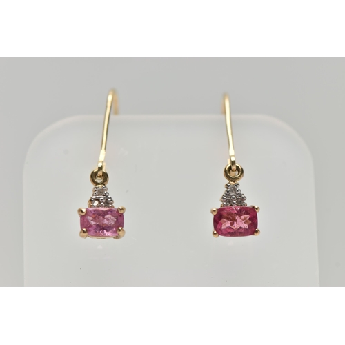 39 - A PAIR OF 9CT GOLD PINK TOURMALINE AND DIAMOND DROP EARRINGS, each drop earring set with a mixed cut... 