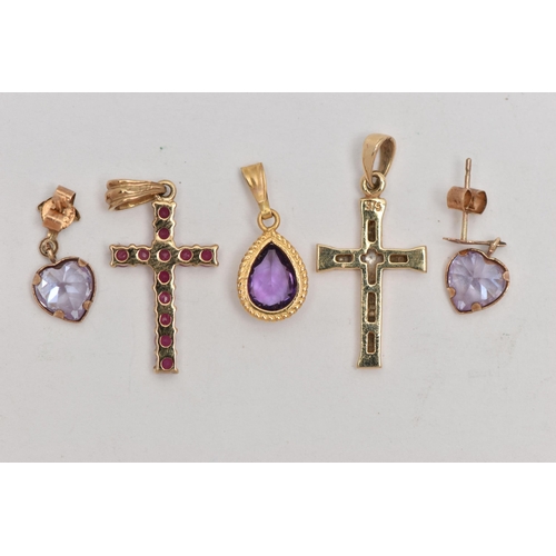 46 - FOUR PIECES OF JEWELLERY, to include a ruby set cross pendant, fitted with a tapered bail, hallmarke... 