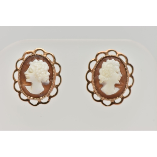 49 - A PAIR OF 9CT GOLD CAMEO STUD EARRINGS, each of an oval form with carved shell cameo depicting a lad... 