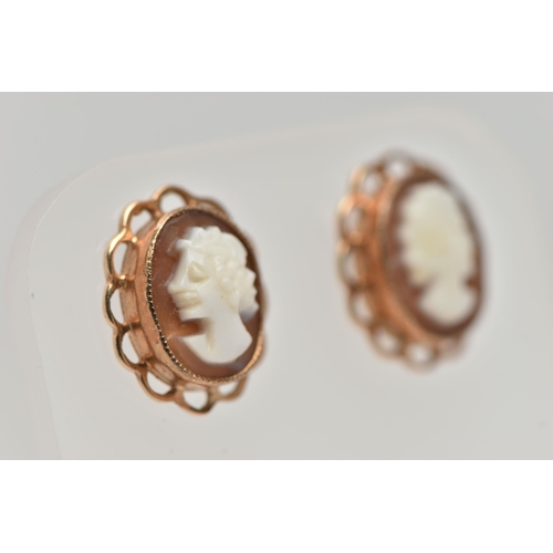 49 - A PAIR OF 9CT GOLD CAMEO STUD EARRINGS, each of an oval form with carved shell cameo depicting a lad... 