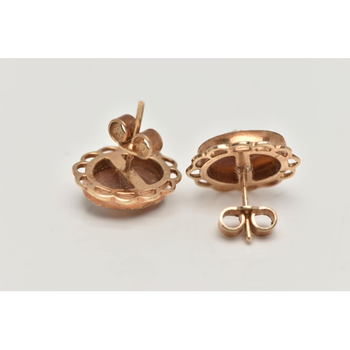 49 - A PAIR OF 9CT GOLD CAMEO STUD EARRINGS, each of an oval form with carved shell cameo depicting a lad... 