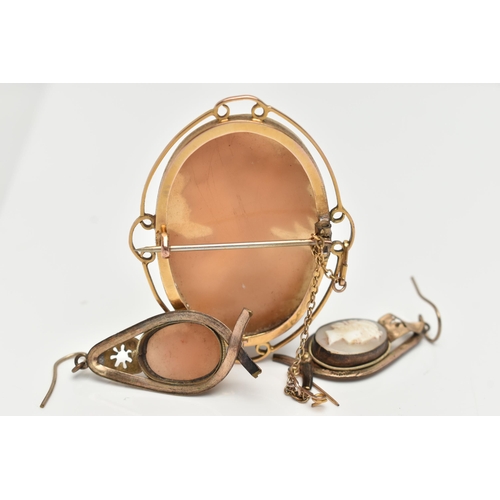 53 - A CAMEO BROOCH AND A PAIR OF EARRINGS, yellow metal oval brooch, with a carved shell cameo depicting... 