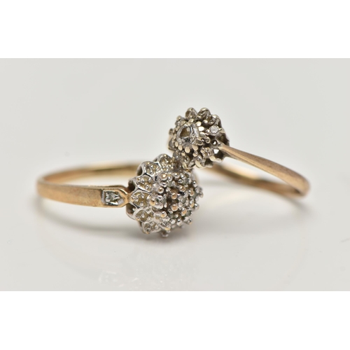 55 - TWO 9CT GOLD DIAMOND CLUSTER RINGS, the first a tiered diamond cluster set with single cut diamonds,... 