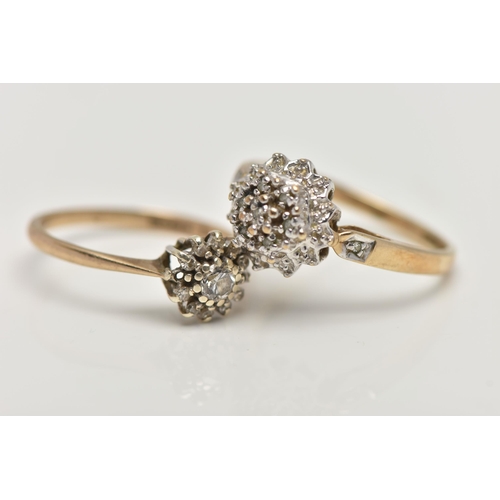 55 - TWO 9CT GOLD DIAMOND CLUSTER RINGS, the first a tiered diamond cluster set with single cut diamonds,... 