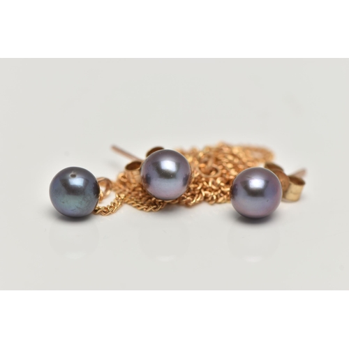 56 - A 9CT GOLD PEARL NECKLACE AND MATCHING EARRINGS, the pendant set with a small black pearl measuring ... 