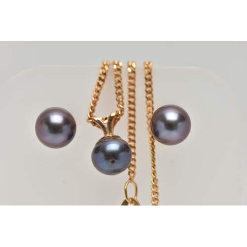 56 - A 9CT GOLD PEARL NECKLACE AND MATCHING EARRINGS, the pendant set with a small black pearl measuring ... 