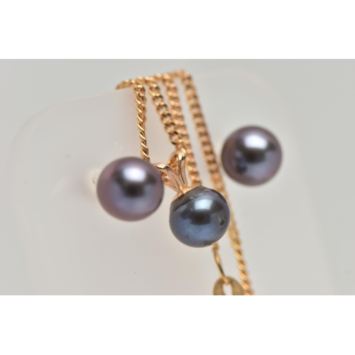 56 - A 9CT GOLD PEARL NECKLACE AND MATCHING EARRINGS, the pendant set with a small black pearl measuring ... 