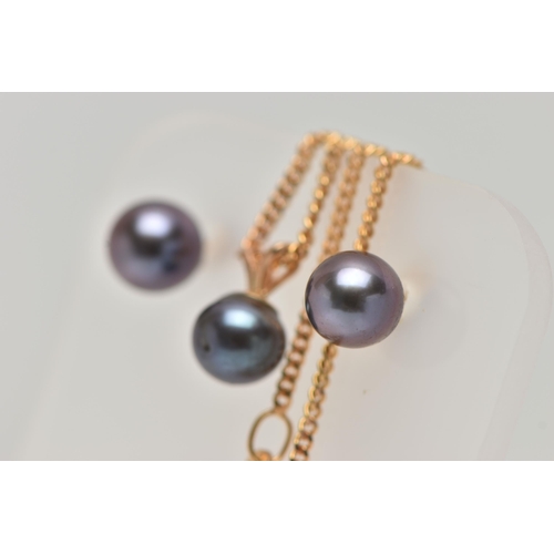 56 - A 9CT GOLD PEARL NECKLACE AND MATCHING EARRINGS, the pendant set with a small black pearl measuring ... 