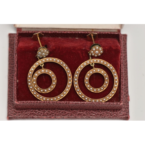 59 - A PAIR OF YELLOW METAL SEED PEARL DROP EARRINGS, each earring designed with two forward facing rings... 