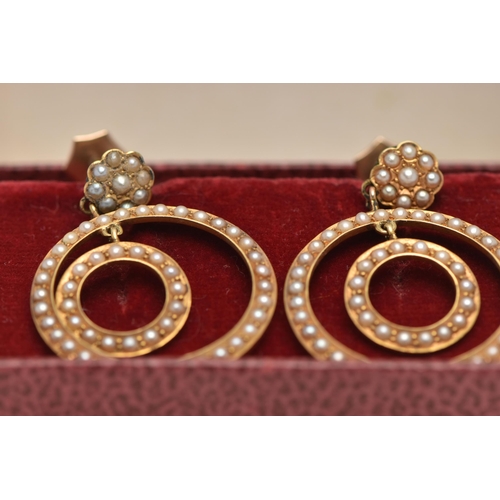 59 - A PAIR OF YELLOW METAL SEED PEARL DROP EARRINGS, each earring designed with two forward facing rings... 