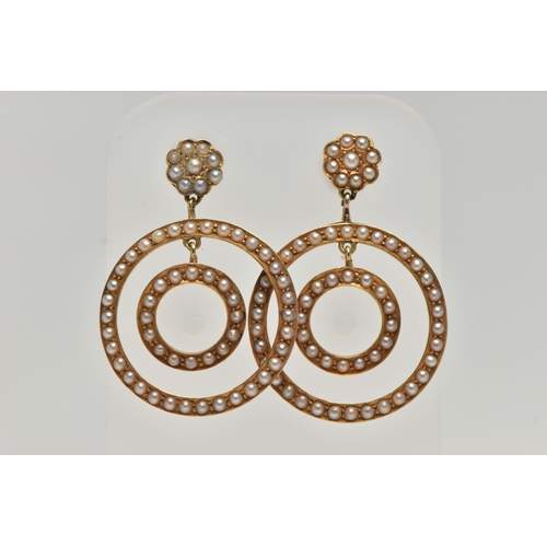 59 - A PAIR OF YELLOW METAL SEED PEARL DROP EARRINGS, each earring designed with two forward facing rings... 