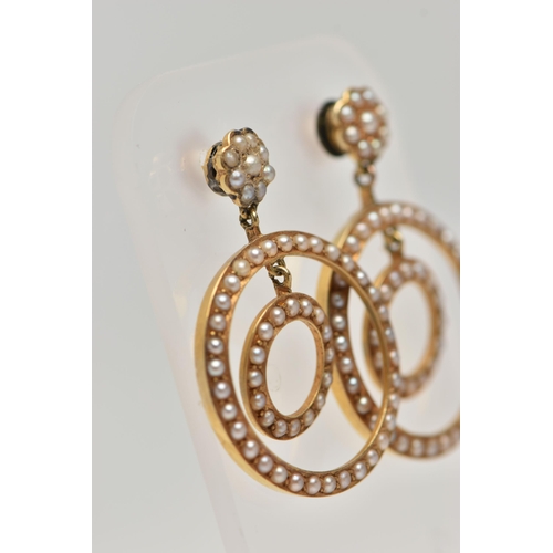 59 - A PAIR OF YELLOW METAL SEED PEARL DROP EARRINGS, each earring designed with two forward facing rings... 