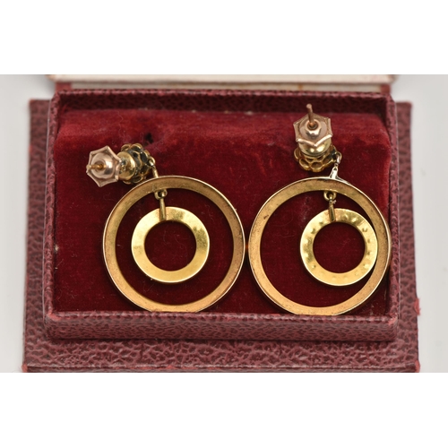 59 - A PAIR OF YELLOW METAL SEED PEARL DROP EARRINGS, each earring designed with two forward facing rings... 