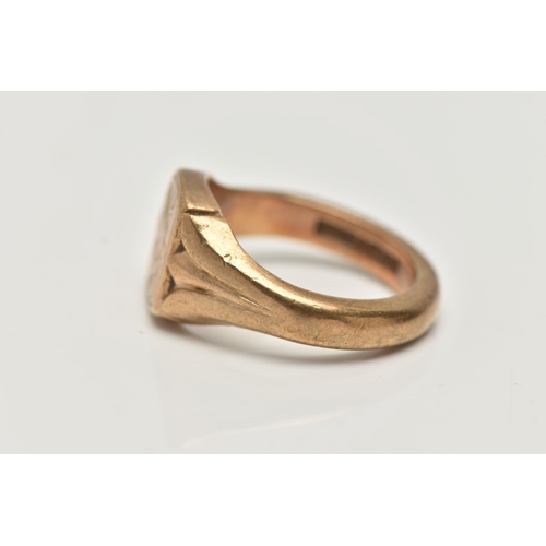 6 - A LARGE GENTS 9CT GOLD SIGNET RING, yellow gold signet, monogram engraved WJS, leading on to a dee... 