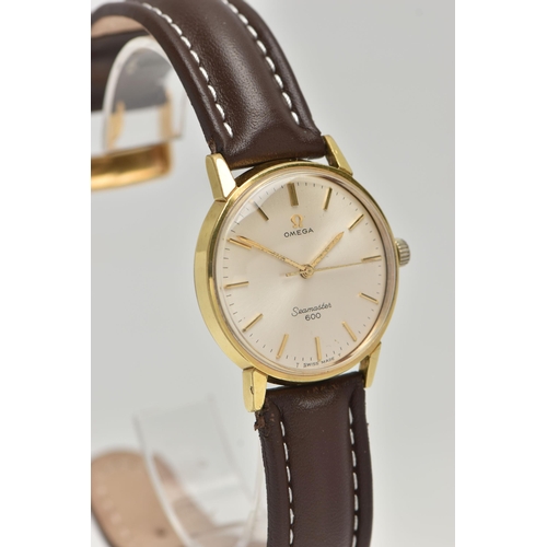 60 - A GOLD PLATED 'OMEGA' WRISTWATCH, manual wind, round silver dial signed 'Omega Seamaster 600', baton... 