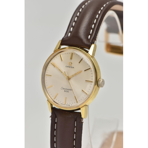 60 - A GOLD PLATED 'OMEGA' WRISTWATCH, manual wind, round silver dial signed 'Omega Seamaster 600', baton... 