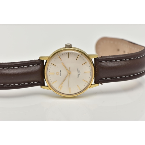 60 - A GOLD PLATED 'OMEGA' WRISTWATCH, manual wind, round silver dial signed 'Omega Seamaster 600', baton... 