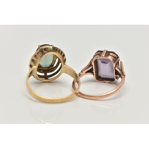 68 - TWO GEM SET RINGS, the first a yellow metal dress ring, set with a green synthetic spinel, stamped 3... 