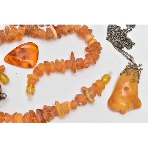 70 - ASSORTED AMBER JEWELLERY, to include a natural butterscotch amber pendant, suspended from a white me... 