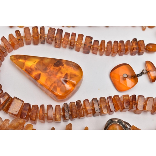 70 - ASSORTED AMBER JEWELLERY, to include a natural butterscotch amber pendant, suspended from a white me... 