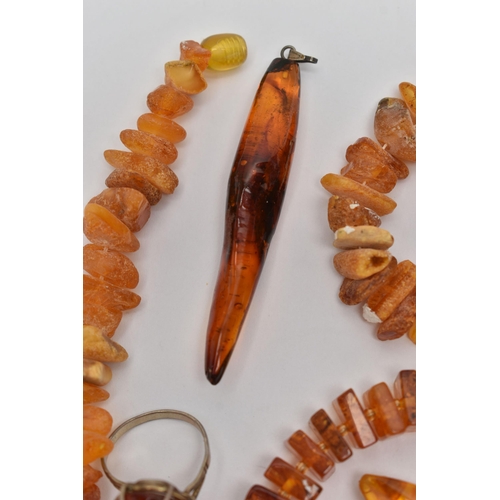 70 - ASSORTED AMBER JEWELLERY, to include a natural butterscotch amber pendant, suspended from a white me... 