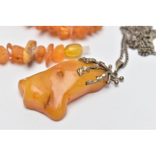 70 - ASSORTED AMBER JEWELLERY, to include a natural butterscotch amber pendant, suspended from a white me... 