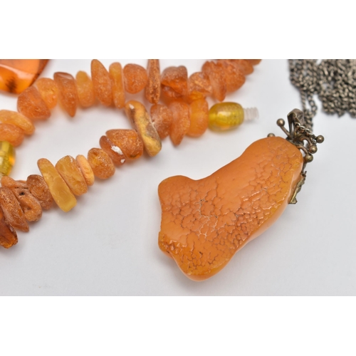 70 - ASSORTED AMBER JEWELLERY, to include a natural butterscotch amber pendant, suspended from a white me... 