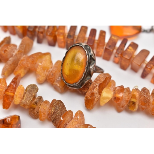 70 - ASSORTED AMBER JEWELLERY, to include a natural butterscotch amber pendant, suspended from a white me... 