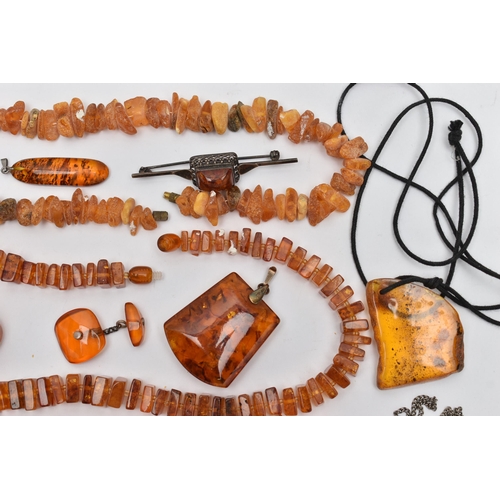 70 - ASSORTED AMBER JEWELLERY, to include a natural butterscotch amber pendant, suspended from a white me... 