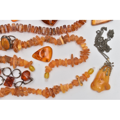 70 - ASSORTED AMBER JEWELLERY, to include a natural butterscotch amber pendant, suspended from a white me... 