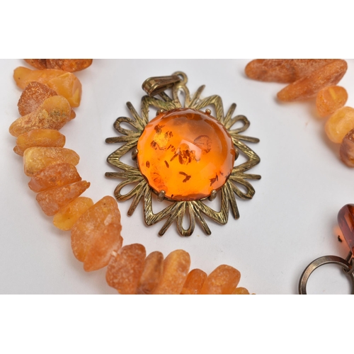 70 - ASSORTED AMBER JEWELLERY, to include a natural butterscotch amber pendant, suspended from a white me... 