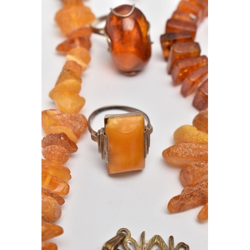 70 - ASSORTED AMBER JEWELLERY, to include a natural butterscotch amber pendant, suspended from a white me... 