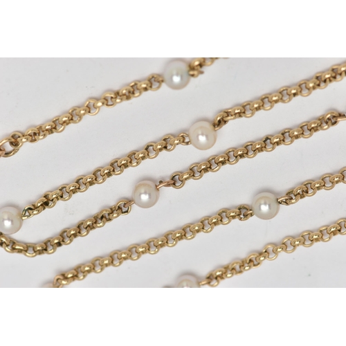 75 - A 9CT GOLD AKOYA PEARL NECKLACE, yellow metal belcher chain interspaced with nine Akoya cultured pea... 