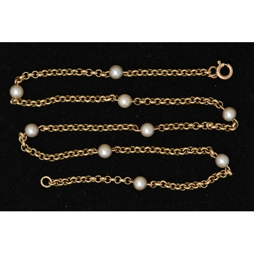 75 - A 9CT GOLD AKOYA PEARL NECKLACE, yellow metal belcher chain interspaced with nine Akoya cultured pea... 