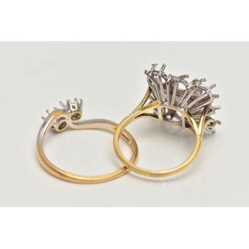 78 - TWO RING MOUNTS, the first a Toi et Moi style mount, stamped 18ct plat, ring size Q 1/2, approximate... 