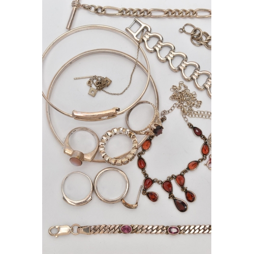 83 - AN ASSORTMENT OF SILVER AND WHITE METAL JEWELLERY, to include a silver ladys 'Rotary' wristwatch, PO... 