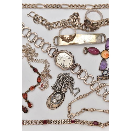 83 - AN ASSORTMENT OF SILVER AND WHITE METAL JEWELLERY, to include a silver ladys 'Rotary' wristwatch, PO... 