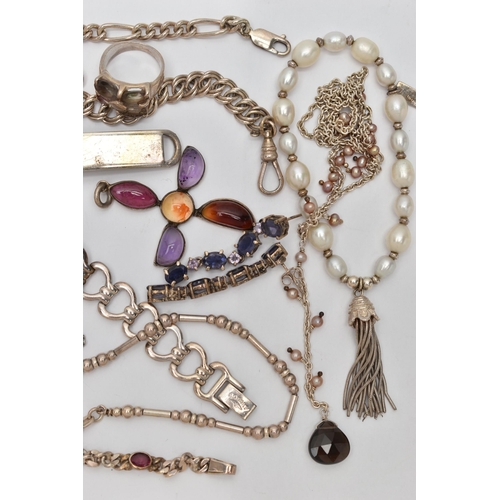 83 - AN ASSORTMENT OF SILVER AND WHITE METAL JEWELLERY, to include a silver ladys 'Rotary' wristwatch, PO... 