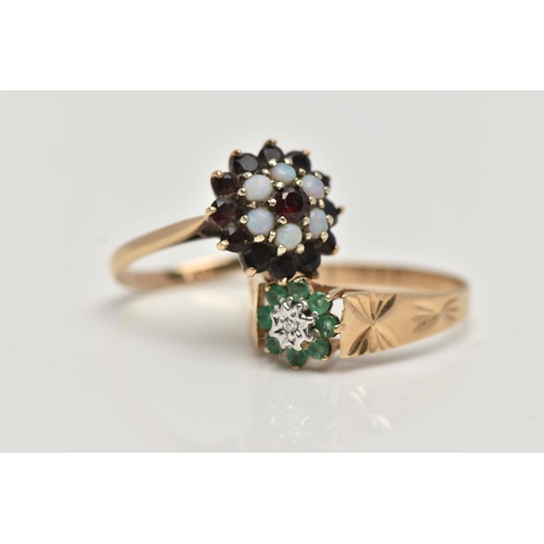 84 - TWO GEM SET RINGS, the first a 9ct yellow gold ring, set with four circular cut emeralds and a singl... 