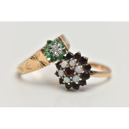 84 - TWO GEM SET RINGS, the first a 9ct yellow gold ring, set with four circular cut emeralds and a singl... 