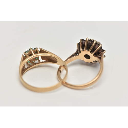 84 - TWO GEM SET RINGS, the first a 9ct yellow gold ring, set with four circular cut emeralds and a singl... 