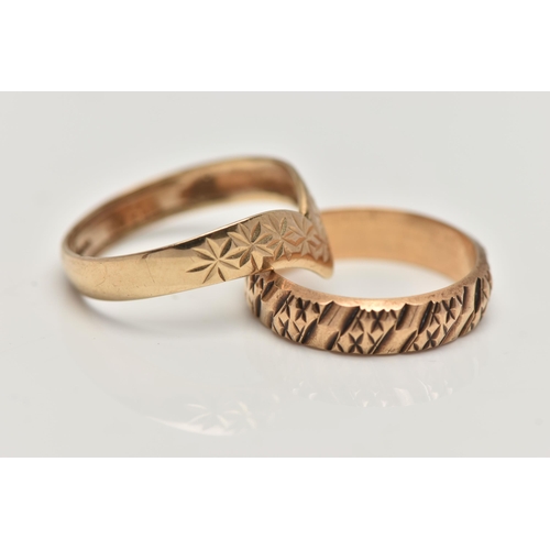 87 - TWO 9CT GOLD RINGS, the first a yellow gold wishbone style band ring, etched pattern detail, hallmar... 