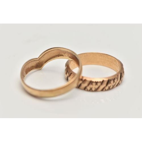 87 - TWO 9CT GOLD RINGS, the first a yellow gold wishbone style band ring, etched pattern detail, hallmar... 