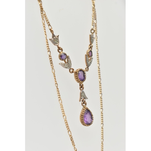 90 - A 9CT GOLD AMETHYST AND DIAMOND NECKLACE, designed as three graduated circular amethysts interspaced... 